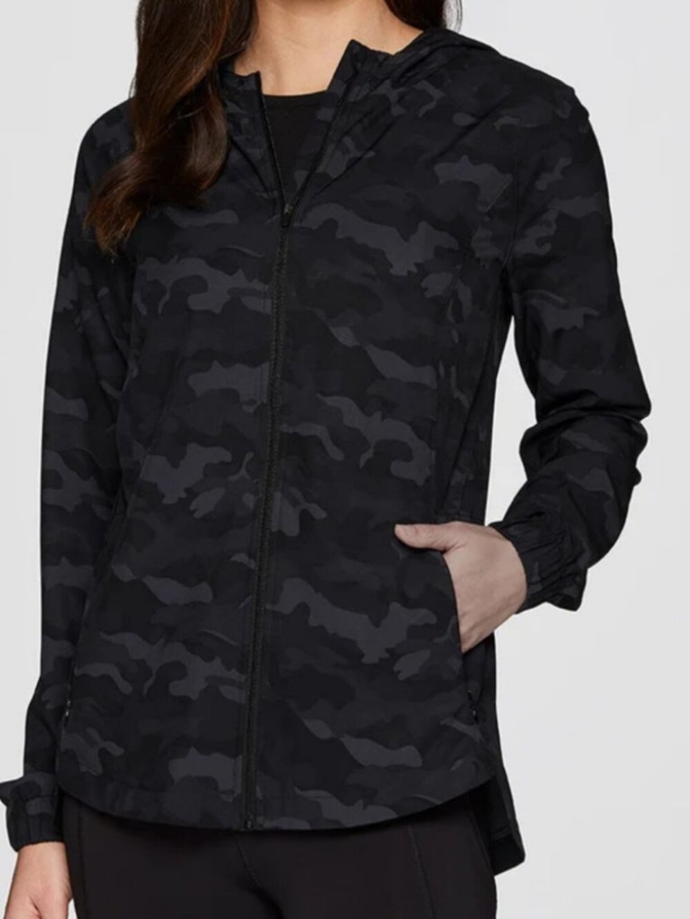 RBX Active Black Camo Full Zip Hooded Windbreaker Jacket Dark Camouflage size M